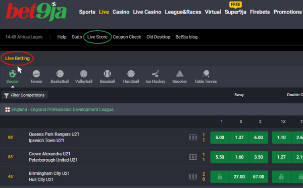 Bet9ja livescore and live betting on soccer in Nigeria