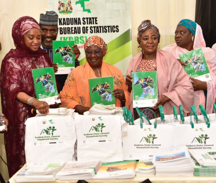 Acting Governor Dr Hadiza Balarabe and other senior government officials, holding copies of the 2020 Kaduna State General Household Survey