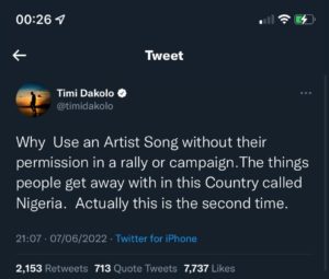 Dakolo slams APC for using his song