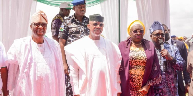 L-R: Former governor of Ogun State, Otunba Gbenga Daniel; Governor Dapo Abiodun; his deputy, Engr. Noimot Salako-Oyedele and younger brother of the matyr of June 12 struggle, Alhaji Tajudeen Abiola during the celebration of this year's Democracy Day at the MKO Abiola Stadium, Abeokuta on Sunday