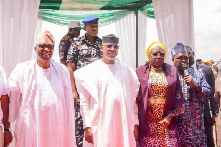 L-R: Former governor of Ogun State, Otunba Gbenga Daniel; Governor Dapo Abiodun; his deputy, Engr. Noimot Salako-Oyedele and younger brother of the matyr of June 12 struggle, Alhaji Tajudeen Abiola during the celebration of this year's Democracy Day at the MKO Abiola Stadium, Abeokuta on Sunday