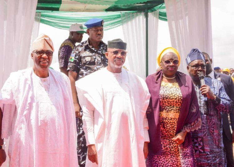 L-R: Former governor of Ogun State, Otunba Gbenga Daniel; Governor Dapo Abiodun; his deputy, Engr. Noimot Salako-Oyedele and younger brother of the matyr of June 12 struggle, Alhaji Tajudeen Abiola during the celebration of this year's Democracy Day at the MKO Abiola Stadium, Abeokuta on Sunday