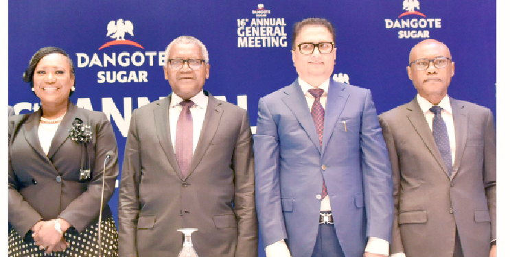 L-R: Company secretary/legal adviser, Dangote Sugar Refinery Plc, Temitope Hassan; chairman, Dangote Sugar Refinery Plc, Aliko Dangote; group managing director/CEO, Dangote Sugar Refinery Plc, Ravindra Singhvi; and non-executive director, Dangote Sugar Refinery Plc, Olakunle Alake at the 16th annual general meeting of the company held in Lagos, recently.