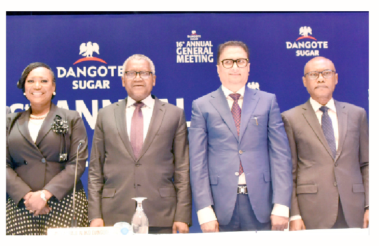 Dangote Commits To Self-sufficiency In Sugar Production 1 L-R: Company secretary/legal adviser, Dangote Sugar Refinery Plc, Temitope Hassan; chairman, Dangote Sugar Refinery Plc, Aliko Dangote; group managing director/CEO, Dangote Sugar Refinery Plc, Ravindra Singhvi; and non-executive director, Dangote Sugar Refinery Plc, Olakunle Alake at the 16th annual general meeting of the company held in Lagos, recently.