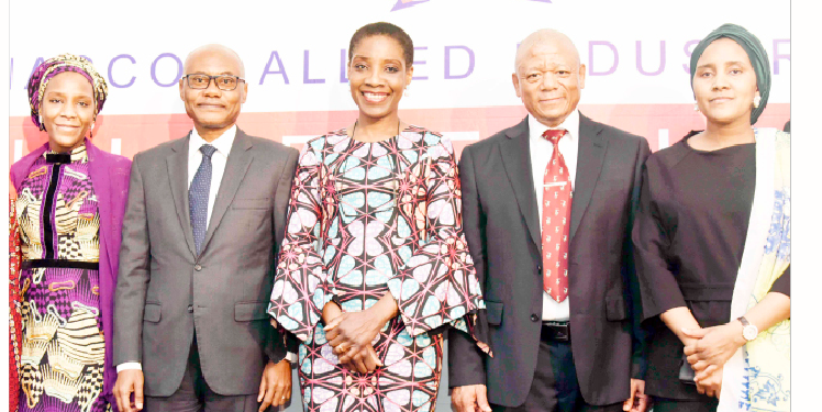 L-R: Director, NASCON Allied Industries Plc, Halima Aliko Dangote; group managing director, Dangote Industries Limited/director, NASCON Allied Industries Plc, Olakunle Alake; chairperson, NASCON Allied Industries Plc, ‘Yemisi Ayeni; acting managing director, NASCON Allied Industries Plc, Thabo Mabe; and executive director, Commercial, NASCON Allied Industries Plc, Fatima Aliko Dangote, at the 2021 Annual General Meeting (AGM) of NASCON Allied Industries Plc in Lagos recently.