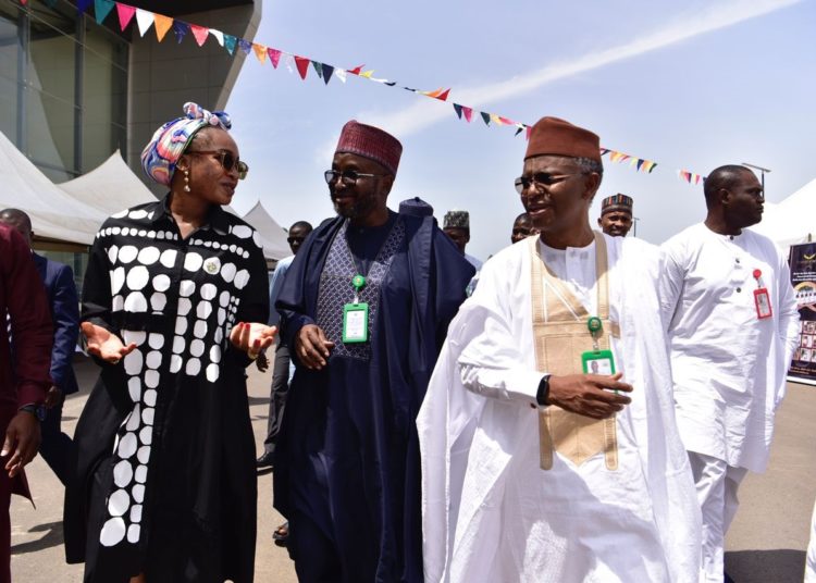 Governor Nasir El-Rufai, Commissioner of Business Innovation and Technology, Professor Kabir Mato and Managing Director of Kaduna Market Development and Management Company (KMDMC), Tamar Nandul arriving the Murtala Muhammed Square venue of the Kaduna Market Trade Fair