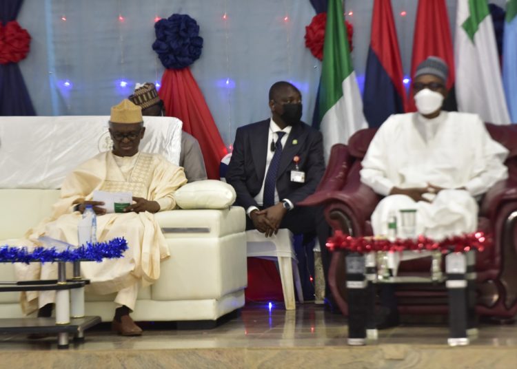President Muhammadu Buhari and Governor Nasir El Rufai of Kaduna state at the graduation of the Senior Course 44 of the Armed Forces Command and Staff College, Jaji