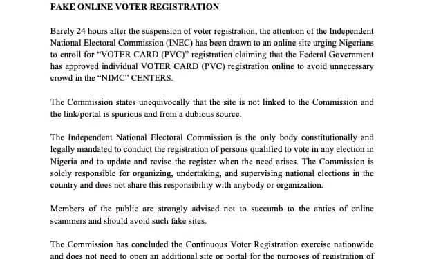 INEC Disowns Online Voter Registration Website