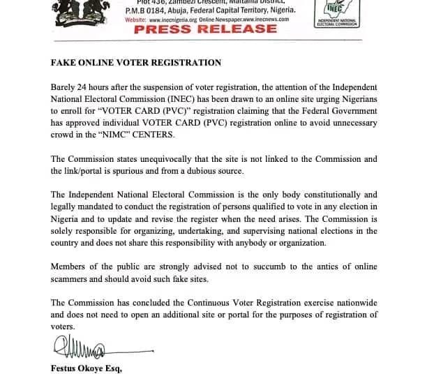 INEC Disowns Online Voter Registration Website