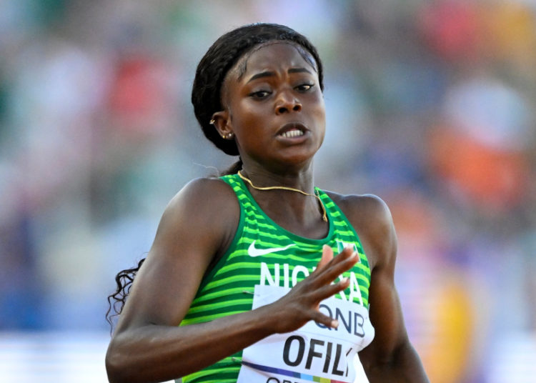 EUGENE, UNITED STATES - JULY 19: Abby Steiner of USA, Favour Ofili of Nigeria competing on Women's 200 metres during the World Athletics Championships on July 19, 2022 in Eugene, United States (Photo by Andy Astfalck/BSR Agency/Getty Images)