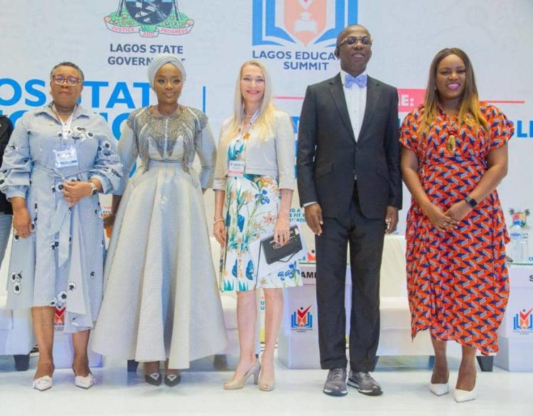 L-R: Lagos State Commissioner for Education, Mrs Folasade Adefisayo; guest speaker, Olori Atuwatse III; Finnish Ambassador for Education, Amb Marjaana Sall, and other stakeholders at the Lagos State Education Summit 2022, at the Eko Conventional Center, Eko Hotel and Suites in Lagos, on Wednesday.
