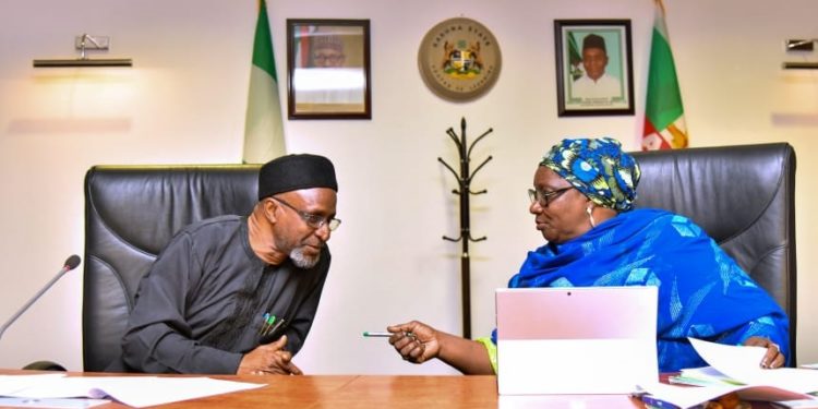 Acting Governor, Dr Hadiza Balarabe,  conferring with Malam Balarabe Abbas Lawal, Secretary to Kaduna State Government, during the State Executive Council meeting which held at the Council Chambers of Sir Kashim Ibrahim House