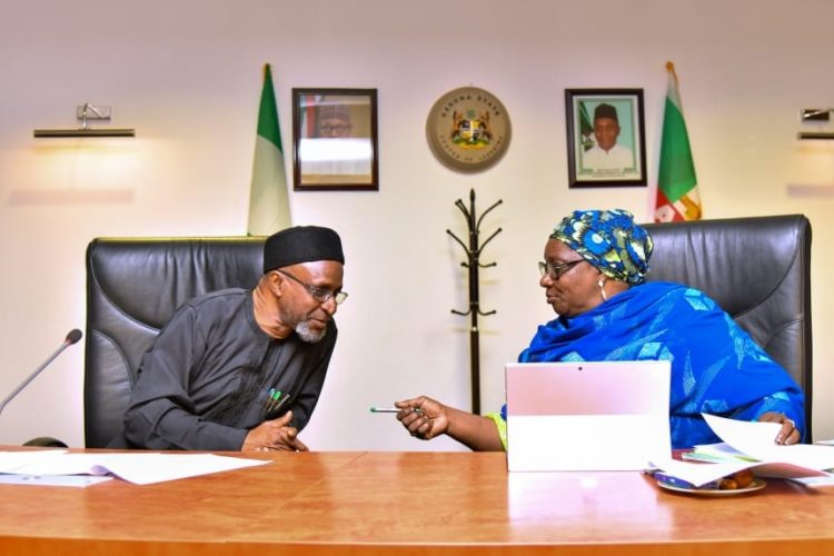 Acting Governor, Dr Hadiza Balarabe,  conferring with Malam Balarabe Abbas Lawal, Secretary to Kaduna State Government, during the State Executive Council meeting which held at the Council Chambers of Sir Kashim Ibrahim House
