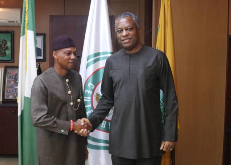 Mr. Uwem Robert OTU on the left being received by Sir Geoffrey Onyema the Honourable Minister of Foreign Affairs of Nigeria