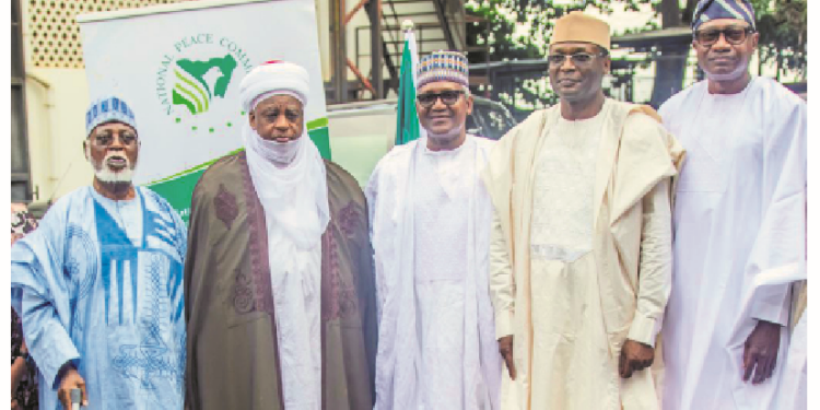 L-R Former head of state, Gen Abdulsalami Abubakar; Sultan of Sokoto,  Muhammadu Sa'ad Abubakar III;  president of Dangote Group, Aliko Dangote; INEC chairman, Prof Mahmood Yakubu  and executive chairman,  Geregu Power Plc, Femi Otedola,  after a meeting of the National Peace Committee on the 2023 presidential election in Minna, Niger State, yesterday