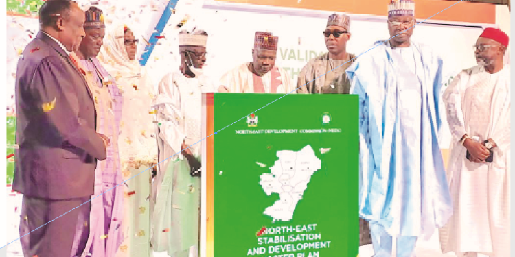 L-R: MD/CEO, NEDC, Mohammed G. Alkali; coordinator, National Social Investments Programme, Dr. Umar Bindir, who represented the minister of Humanitarian Affairs, Disaster Management and Social Development; chairperson, House Committee on NEDC, Khadija Bukar Abba; chairman, NEDC, Maj. Gen Paul Tarfa; Gombe State governor, Mohammed Inuwa Yahaya; Borno State governor, Prof. Babagana Umara Zulum; SGF Boss Mustapha; and NEDC Board member/chairman, Master Plan Committee, Dr Theodore Ekechi, during the validation of the NEDC North East Stabilisation and Development Master Plan at the International Conference Centre, in Abuja