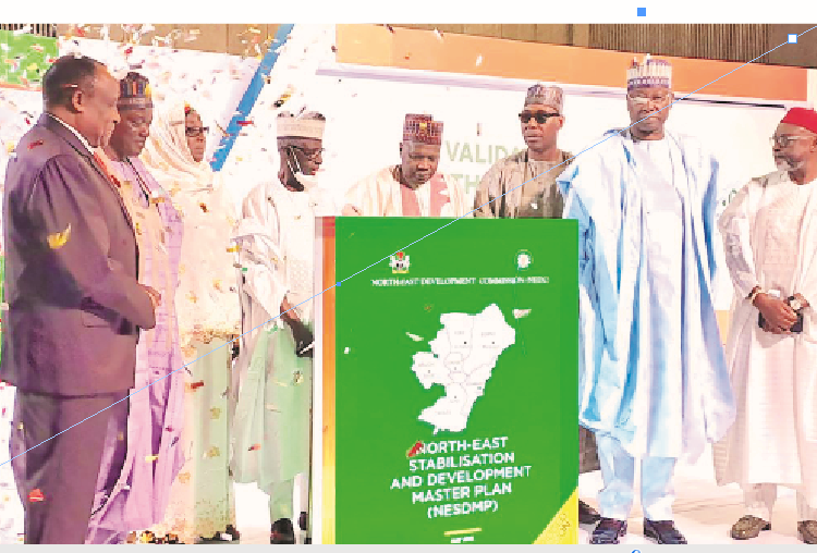 L-R: MD/CEO, NEDC, Mohammed G. Alkali; coordinator, National Social Investments Programme, Dr. Umar Bindir, who represented the minister of Humanitarian Affairs, Disaster Management and Social Development; chairperson, House Committee on NEDC, Khadija Bukar Abba; chairman, NEDC, Maj. Gen Paul Tarfa; Gombe State governor, Mohammed Inuwa Yahaya; Borno State governor, Prof. Babagana Umara Zulum; SGF Boss Mustapha; and NEDC Board member/chairman, Master Plan Committee, Dr Theodore Ekechi, during the validation of the NEDC North East Stabilisation and Development Master Plan at the International Conference Centre, in Abuja