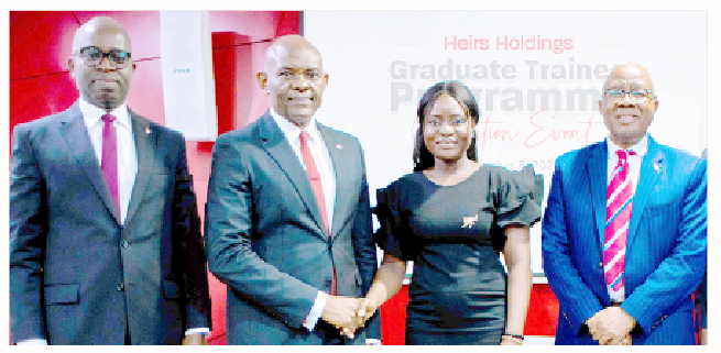 Heirs Insurance, Life Assurance Commence Bancassurance Partnership With UBA 1 L-R: Chief executive officer, Heirs Life Assurance and chairman of Heirs Academy Advisory Board, Niyi Onifade; group chairman, Heirs Holdings, Tony O. Elumelu; Heirs Academy Graduate Trainee set of 2022 Valedictorian, Iwoware Christopher; group CEO, Heirs Holdings, Emmanuel Nnorom and group director, Human Resources, Heirs Holdings, Modupe Akindele, during the graduation ceremony of the pioneer cohort of Heirs Holdings’ Graduate Trainee Programme at Heirs Place in Lagos, recently. PHOTO BY HEIRS