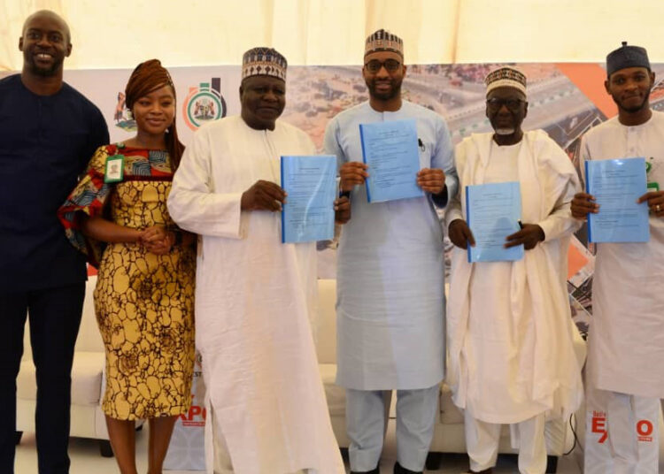 From left: Joseph Ike, Co-Founder, Fasaha Café; Sharon Itua, Program Officer, Kaduna Capital Territory Authority;  Chief Ishaya Idi, 1st Deputy President,  Kaduna Chamber of Commerce, Industries, Mines and Agriculture;Alhaji Suleiman Aliyu, President, KADCCIMA, Malam  Muhammad Hafiz Bayero, Administrator, Kaduna Capital Territory Authority; Mr  A’aron John, Director of Business and Commercial Services, Kaduna Capital Territory Authority,  after signing the MoU on Kaduna Film Village