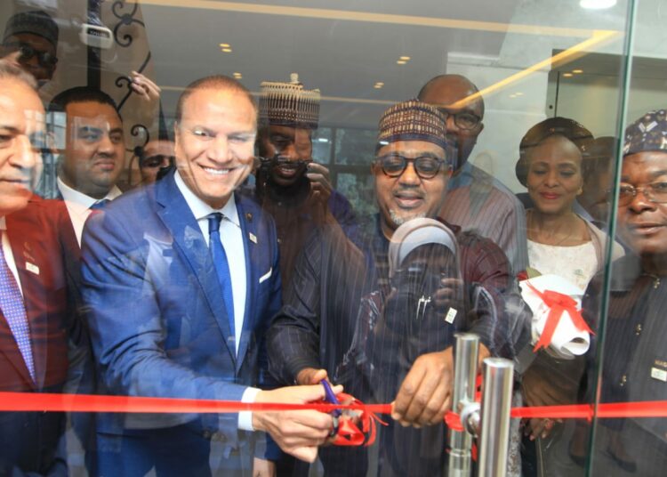 President of Nigeria-Egypt Cultural and Socio-Economic Forum (NECSEF), Mahmood Ahmadu, with the Nigerian Ambassador to Egypt, Nura Abba Rimi, and Dr Yousry El Sharkawy, chairman of Egyptian African Businessmen’s Association (EABA) at the opening of the NECSEF building in Cairo, Egypt, on Sunday.