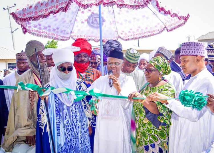 Governor Nasir El-Rufai, Deputy Governor of Kaduna state, Dr Hadiza Balarabe, Senator Uba Sani (right) and the Emir of Zazzau, Ambassador Ahmed Nuhu Bamali during the commissioning of FaL Gates Rice Mill