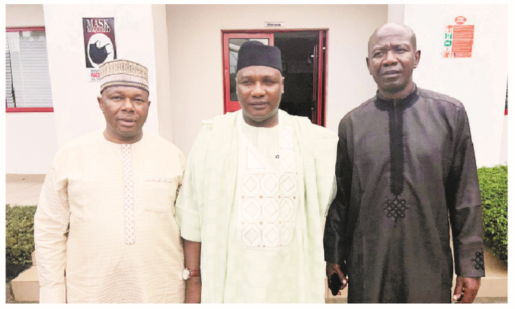L-R: Former LEADERSHIP editor, Suleiman Gaya; special adviser to Gombe State governor on Strategy and Information Management, Ahmed Shuaibu-Gara Gombe and his aide, Afolabi Gambari during a courtesy visit to LEADERSHIP corporate headquarters in Abuja yesterday