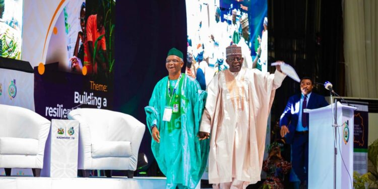 L-R: Kaduna State governor, Mal Nasir El Rufai, and APC presidential candidate, Ahmed Bola Tinubu, at the 7th edition of Kaduna Economic and Investment Summit (KadInvest7.0) in Kaduna yesterday.  PHOTO BY GBENGA ABIOLA