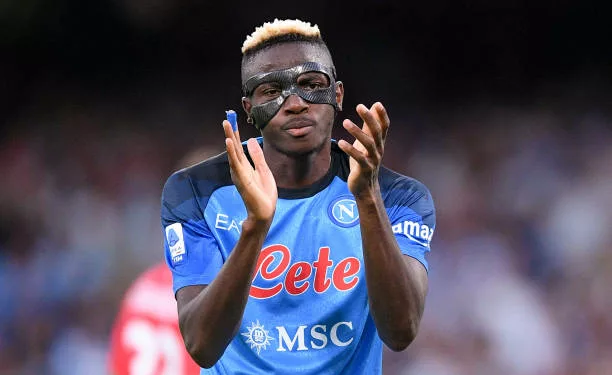 Victor Osimhen of SSC Napoli gestures during the Serie A match between SSC Napoli and AC Monza at Stadio Diego Armando Maradona, Naples, Italy on 21 August 2022.  (Photo by Giuseppe Maffia/NurPhoto via Getty Images)