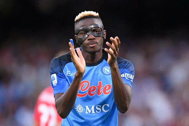 Victor Osimhen of SSC Napoli gestures during the Serie A match between SSC Napoli and AC Monza at Stadio Diego Armando Maradona, Naples, Italy on 21 August 2022.  (Photo by Giuseppe Maffia/NurPhoto via Getty Images)