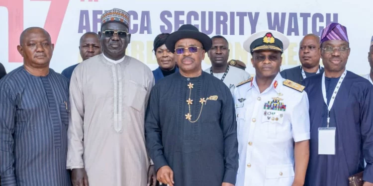 L-R: Mr. Patrick Agbambu, President/CEO Security Watch Africa Initiatives, Lt. Gen. Amb. Tukur Buratai, Former Chief of Army Staff and Ambassador of Nigeria to Benin, H.E. Mr. Udom Emmanuel, Governor of Akwa Ibom State, Vice Admiral Awwal Gambo, CFR, Chief of Naval Staff, Lt Gen Lamidi Adeosun (retired), former Chief of Policy and Plans, Nigerian Army, at the 17th Africa Security Watch Conference  and Awards with the theme, Post COVID-19: Sustaining Security in Africa held in Banjul, The Gambia, November 9-11, 2022