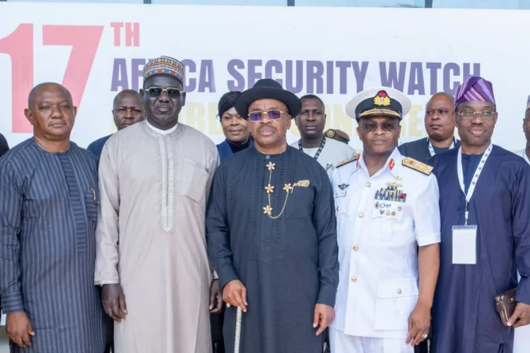 L-R: Mr. Patrick Agbambu, President/CEO Security Watch Africa Initiatives, Lt. Gen. Amb. Tukur Buratai, Former Chief of Army Staff and Ambassador of Nigeria to Benin, H.E. Mr. Udom Emmanuel, Governor of Akwa Ibom State, Vice Admiral Awwal Gambo, CFR, Chief of Naval Staff, Lt Gen Lamidi Adeosun (retired), former Chief of Policy and Plans, Nigerian Army, at the 17th Africa Security Watch Conference  and Awards with the theme, Post COVID-19: Sustaining Security in Africa held in Banjul, The Gambia, November 9-11, 2022