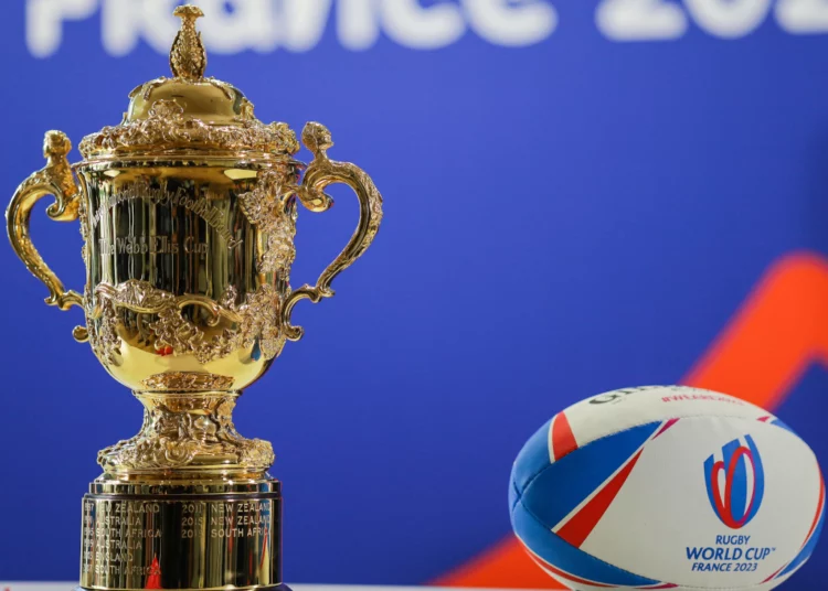 A photo shows The William Webb Ellis Cup, also called the Webb Ellis Trophy which is the award given to the winning team of the Rugby Union World Cup. During the press conference to present the paternity between Bordeaux Metropole and France2023 within the framework of the Rugby World Cup 2023. December 11, 2020 in Bordeaux. Photo by Thibaud Moritz/ABACAPRESS.COM