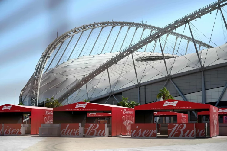 Budweiser beer kiosks are pictured at the Khalifa International Stadium in Doha on November 18, 2022, ahead of the Qatar 2022 World Cup football tournament. - The sale of alcohol in Qatar is strictly regulated. (Photo by MIGUEL MEDINA / AFP)
