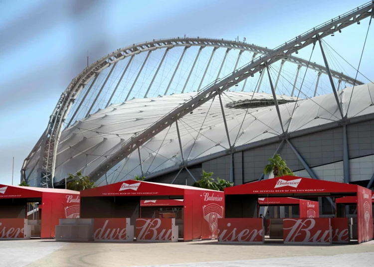 Budweiser beer kiosks are pictured at the Khalifa International Stadium in Doha on November 18, 2022, ahead of the Qatar 2022 World Cup football tournament. - The sale of alcohol in Qatar is strictly regulated. (Photo by MIGUEL MEDINA / AFP)