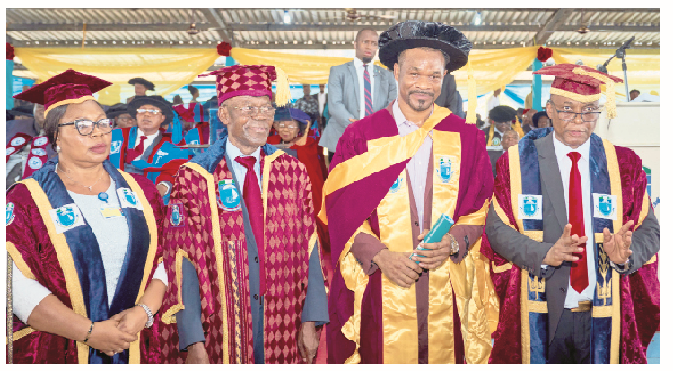 UNIPORT Confers Honourary Doctorate Degree On Lekki Gardens CEO 1 L-R: The registrar and secretary to the Council, University of Port Harcourt, Dr. Gloria Chinda; pro-chancellor and chairman of Council, Senator Andrew Ichendu; chief executive officer, Lekki Gardens Estate Ltd, Dr. Richard Nyong, and vice chancellor, Prof. Owunari Abraham Georgewill during the conferment of Honourary Doctorate Degree on Nyong at the convocation of the university in Port Harcourt on Saturday.