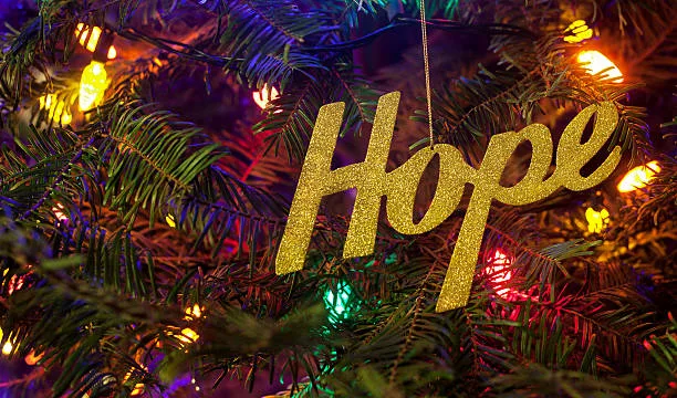 Christmas Of Hope 1 Hope Christmas ornament hanging on a Christmas tree with Christmas lights.