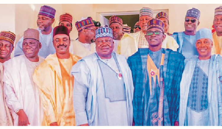 Lawan, IGP, Others In Damaturu As Gov Buni’s Son, Abubakar, Weds Ai’sha 1 R-L: Inspector General of Police, Usman Baba Alkali; Governor Mai Mala Buni and Senate President, Ahmad Ibrahim Lawan and other dignitaries shortly after the wedding ceremony of the governor’s son in Damaturu at the weekend.