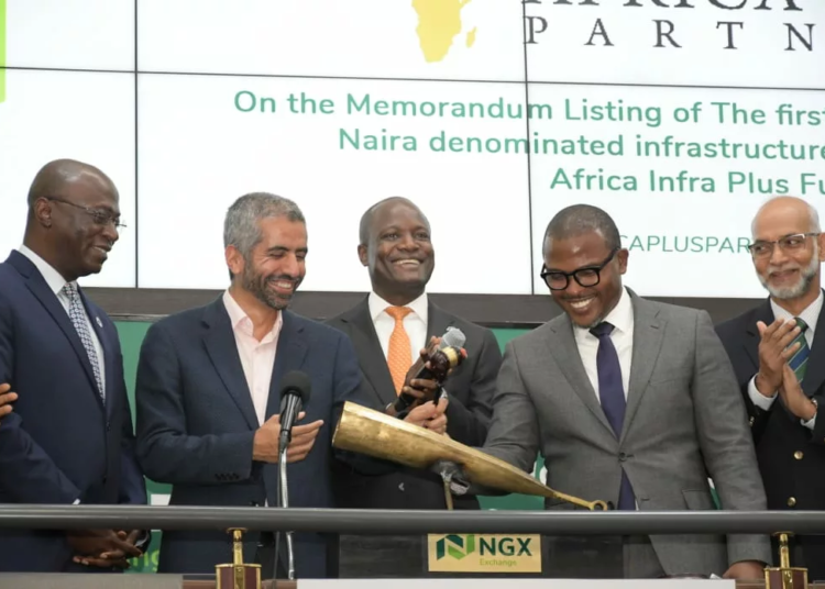 L-R: Chief executive officer, Infrastructure Corporation of Nigeria, Lazarus Angbazo; chairman, Africa Plus Partners, Anhad Narula; CEO, Nigerian Exchange Group (NGX), Temi Popoola; managing director, Africa Plus Partner, Adeniran Ajakaiye, and snr. country manager, Nigeria, Sierra Leone and Liberia, International Finance Corporation (IFC), Kalim Shah, during the official listing of Africa Plus Partners Memorandum Listing of 17, 439 units of Africa Plus Fund 1, Nigeria's First Carbon + ( ESG- focused) naira denominated Infrastructure  Fund on the NGX in Lagos, on Tuesday.
