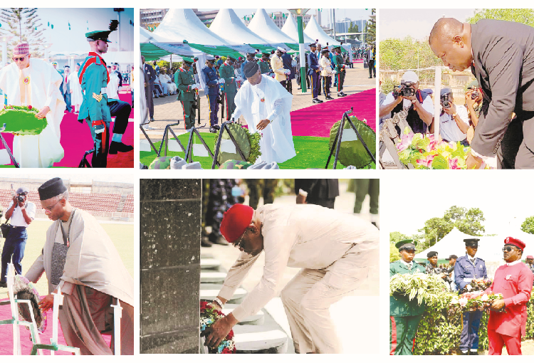 Celebrating The Armed Forces 1 President Muhammadu Buhari; Vice President Yemi Osinbajo; Governors Ifeanyi Ugwuanyi of Enugu, Nasir El-Rufai of Kaduna, Nyesom Wike of Rivers, and Ben Ayade of Cross River participating in wreath laying ceremony to mark the 2023 Armed Forces Remembrance Day celebration, yesterday.