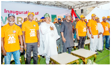 2023: APC Will Bury Opposition Parties In Kwara – Campaign Council 1 Director general, APC Campaign Council, Alh Yahaya Seriki; Speaker, Kwara State House of Assembly, Engr Yakubu Salihu-Danladi, Deputy Governor, Kwara State, Mr Kayode Alabi; Governor AbdulRahman AbdulRazaq, chairman, Kwara State APC, Prince Sunday Fagbemi; Mallam Saliu Mustapha; Senator Lola Ashiru and Senator Sadiq Umar; during the inauguration of Kwara APC Campaign Council in Ilorin, Kwara State, Wednesday. Photo by Abdullahi Olesin, Ilorin.