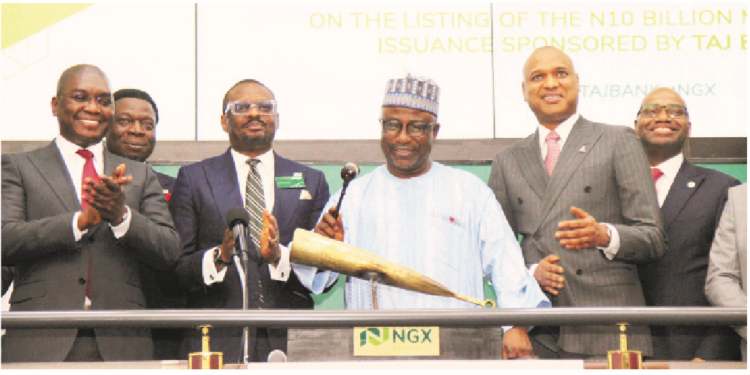 L-R: Executive director, TAJBank, Sherif Idi; chief digital officer, Nigerian Exchange Limited (NGX), Dr Olufemi Oyenuga; divisional head, Capital Markets, NGX, Jude Chiemeka; chairman, TAJBank, Alhaji Tanko Isiaku Gwamna; managing director, TAJBank, Hamid Joda, and managing director, Greenwich Merchant Bank, Bayo Rotimi,  during the closing gong ceremony in commemoration of the listing of N10 billion Mudarabah Sukuk issuance sponsored by TAJBank Limited at NGX in Lagos yesterday.