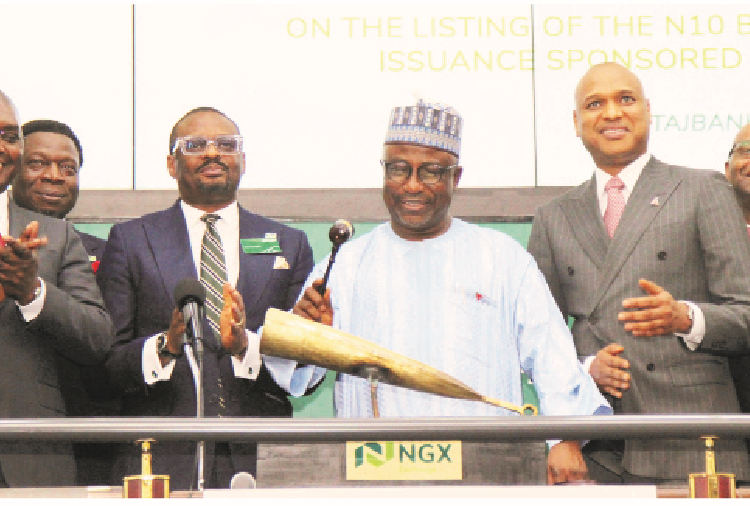 L-R: Executive director, TAJBank, Sherif Idi; chief digital officer, Nigerian Exchange Limited (NGX), Dr Olufemi Oyenuga; divisional head, Capital Markets, NGX, Jude Chiemeka; chairman, TAJBank, Alhaji Tanko Isiaku Gwamna; managing director, TAJBank, Hamid Joda, and managing director, Greenwich Merchant Bank, Bayo Rotimi,  during the closing gong ceremony in commemoration of the listing of N10 billion Mudarabah Sukuk issuance sponsored by TAJBank Limited at NGX in Lagos yesterday.