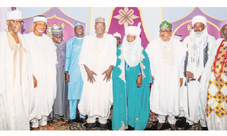 L-R: Mutawalli of Ilorin Dr Alimi Abdulrazaq; Turaki of Ilorin and Senator-elect Mallam Saliu Mustapha; Senator Sadiq Umar; Speaker Kwara State House of Assembly Rt Hon. Yakubu Salihu Danlandi; Governor AbdulRahman AbdulRazaq; Emir of Ilorin Alhaji Ibrahim Sulu Gambari; Deputy Governor Mr Kayode Alabi; Etsu Patigi Alhaji Ibrahim Umar Bologi II; and Olofa of Offa HRM Oba Muftau Muhammed Gbadamosi; during a courtesy visit by newly elected public officers to the Emir of Ilorin’s Palace, in Ilorin. Photo by Abdullahi Olesin, Ilorin.