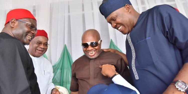 L-R: Minister of State, Education, Rt. Hon Goodluck Opiah, Governor Hope Uzodimma of Imo State, House of Representatives member for Aboh Mbaise/ Ngor Okpala Constituency, Rt. Hon Bede Eke and House of Representatives member for Mbaitoli/ Ikeduru Constituency, Rt. Hon Henry Nwawuba when the federal lawmakers and other top shots from PDP and other Parties defected to the APC at the Ndubuisi Kanu Square, Owerri.