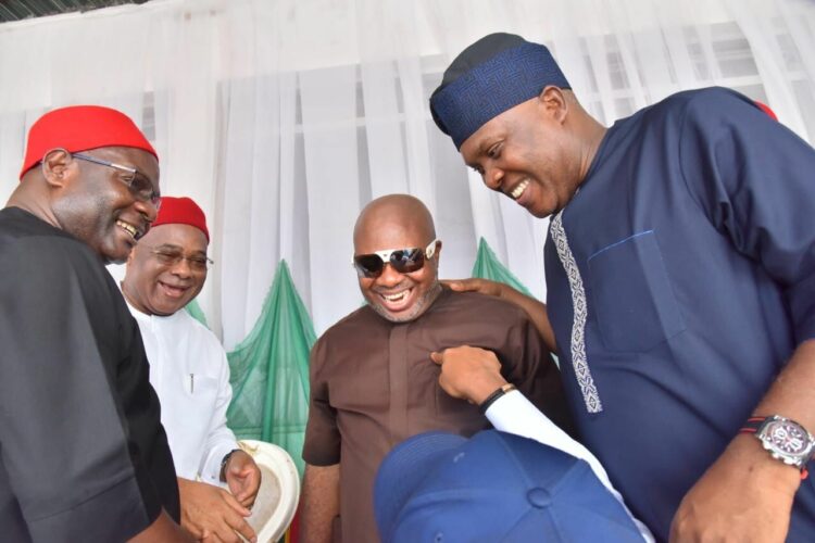 L-R: Minister of State, Education, Rt. Hon Goodluck Opiah, Governor Hope Uzodimma of Imo State, House of Representatives member for Aboh Mbaise/ Ngor Okpala Constituency, Rt. Hon Bede Eke and House of Representatives member for Mbaitoli/ Ikeduru Constituency, Rt. Hon Henry Nwawuba when the federal lawmakers and other top shots from PDP and other Parties defected to the APC at the Ndubuisi Kanu Square, Owerri.