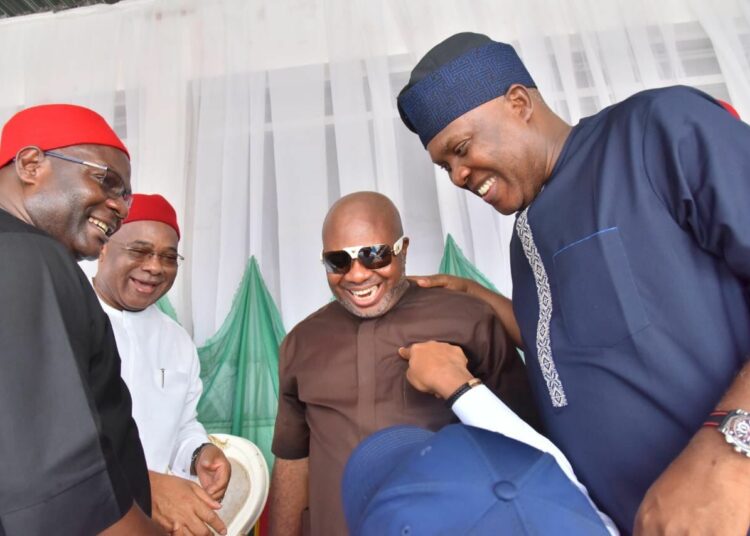 L-R: Minister of State, Education, Rt. Hon Goodluck Opiah, Governor Hope Uzodimma of Imo State, House of Representatives member for Aboh Mbaise/ Ngor Okpala Constituency, Rt. Hon Bede Eke and House of Representatives member for Mbaitoli/ Ikeduru Constituency, Rt. Hon Henry Nwawuba when the federal lawmakers and other top shots from PDP and other Parties defected to the APC at the Ndubuisi Kanu Square, Owerri.