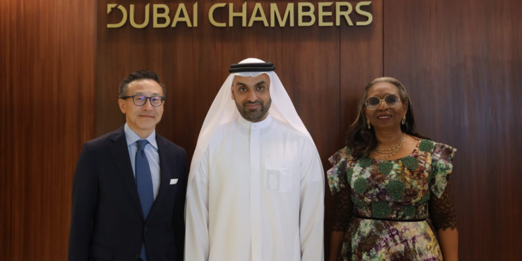 L-R:  Vice Chairman, Alibaba Group, Joe Tsai;  President and CEO Dubai Chambers, HE Mohammed Ali Rashed Lootah; and Convener, International Woman Leadership Conference, Ibukun Awosika during the recently concluded International Woman Leadership Conference in Dubai, United Arab Emirates.