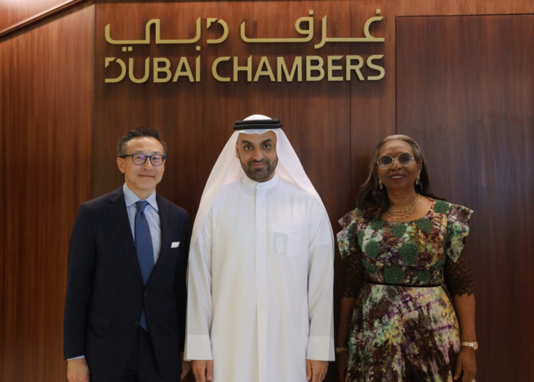 L-R:  Vice Chairman, Alibaba Group, Joe Tsai;  President and CEO Dubai Chambers, HE Mohammed Ali Rashed Lootah; and Convener, International Woman Leadership Conference, Ibukun Awosika during the recently concluded International Woman Leadership Conference in Dubai, United Arab Emirates.