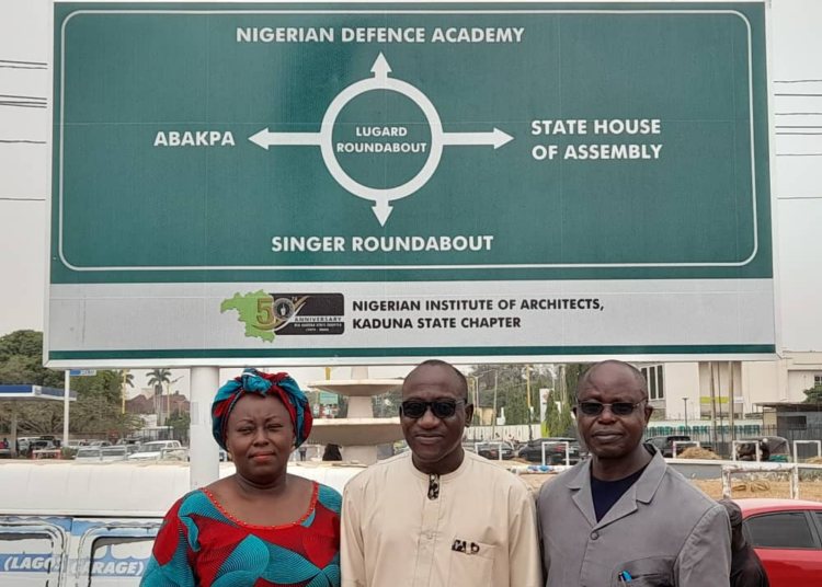 Middle: Chairman Kaduna state chapter of NIA, James Obaje. Flanked to his right, Arc. Dr. Juliet Obaje (ex-officio) and to his left, Vice Chairman NIA, Arc. Stephen Filiya at the unveiling of signaries to mark the organisation's 50th anniversary in kaduna