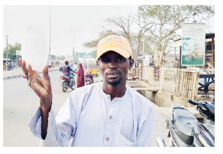 Muhammadu Mustapha hawking iceblock along Ran Road, Bauchi. PHOTO BY KAMAL IBRAHIM